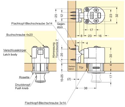 Hoogwaardige drukknoop met handvatfunctie, gemaakt van zinklegering (ZDC), oppervlak: vernikkeld, mat gesatineerd, afwerking: vierkant, DPL-SQ-SN. Stevige drukknoop voor camper, boot en nog veel meer, van Sugatsune / LAMP® (Japan) - Afbeelding 5
