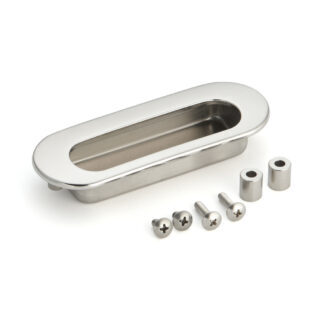 Roestvrijstalen handgreepschaal V4A, 114 mm (4,5″) HH-DS114M en HH-DS114S. Shell-handgreep gemaakt van het fijnste corrosievrije roestvrij staal V4A (SUS316) voor montage op plaatwerk en hout geschikt voor vochtige, ruwe en sterk corrosieve omgevingen door Sugatsune / LAMP® (Japan) - Gepolijst tot een glans