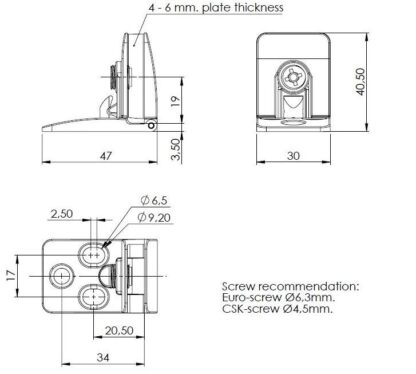 Hoogwaardige glasdeurscharnieren voor glazen binnendeuren, kleur: aluminium. Twee stuks hoogwaardige glasdeurscharnieren SQUARE II (1 boven- en 1 onderglasscharnier) van SISO / Denemarken - Afbeelding 4