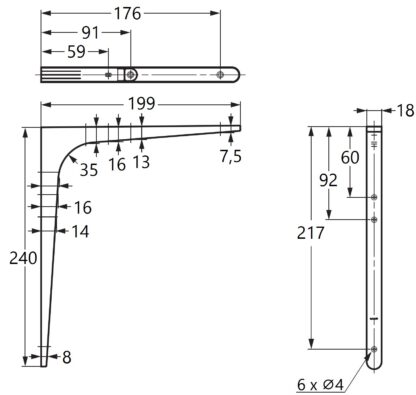 2 stuks hoogwaardige heavy-duty montagebeugel, draagvermogen: 56 kg (124 lbs), oppervlak: zwart, 240 mm (9,5"), BTK-240B. Heavy-duty rekkenbeugel voor plank, scheidingswand, plank, hoekverbinding en nog veel meer, van Sugatsune / LAMP® (Japan) - Afbeelding 2