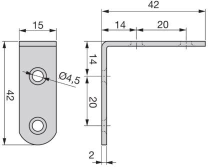 10 stevige hoekconnectoren met vier stevige stalen aansluitgaten, oppervlak: gegalvaniseerd, 42 mm (1,7") 8219805. Montagebeugel E.FB.42 voor plank, boekenkast, tafel, kast en nog veel meer, door EMUCA - Afbeelding 2