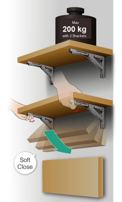 Hoogwaardige heavy-duty klaptafelsteun met soft-close schok EB-317-DA gemaakt van roestvrij staal. Vouwbeugel tot 200 kg laadvermogen. Flapsteun van ROCA / Sugatsune - Afbeelding 5